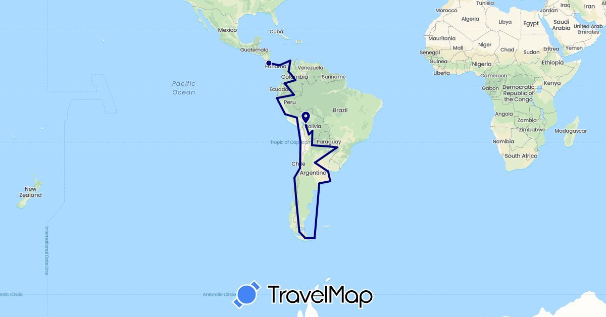 TravelMap itinerary: driving in Argentina, Bolivia, Chile, Colombia, Costa Rica, Panama, Peru, Paraguay (North America, South America)